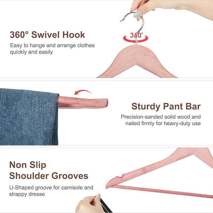 HOUSE DAY Cedar Hangers for Closet 20 Pack, Smooth Cedar Wood Hangers with Rings, 360° Swivel Hook, U-Shape Notched, Non Slip Pant Bar, Sturdy Wooden Clothes Hanger for Coats, Dresses, Suits