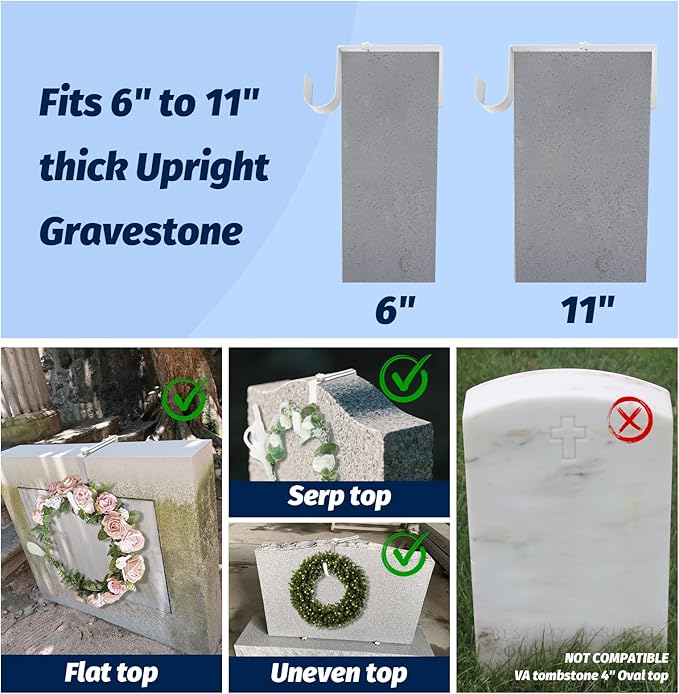 BEISE Wreath Hanger for Headstone, Adjustable 6"- 11", White 2 Pack, Non-Slip Sponge Grip, Fits Thick Upright Gravestone with Flat or Uneven Arched Tops, Easy Outdoor Cemetery Christmas Décor