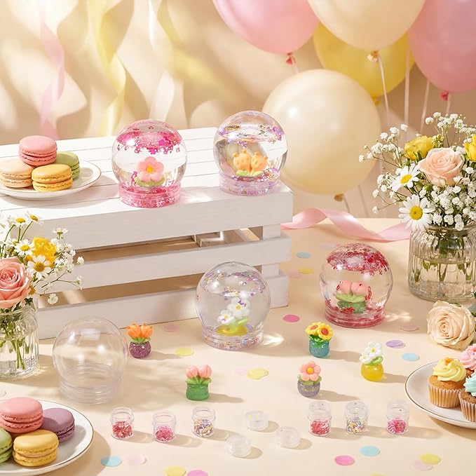 12 Sets Flower Craft Bulk Flower Plastic Clear Snow Globes Kit with Glow in The Dark Plates, Sequins Flakes, Glue Guns for Employee Make Your Own Party Snow Globes Craft DIY Gifts