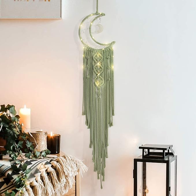 ANROYE Boho Macrame Woven Wall Hanging, Crochet Crescent Moon Star Dream Catcher with Long Tassel- Green Cotton Handmade Bohemian Home Decor Nursery Decoration Art for Kids Bedroom Dorm Room
