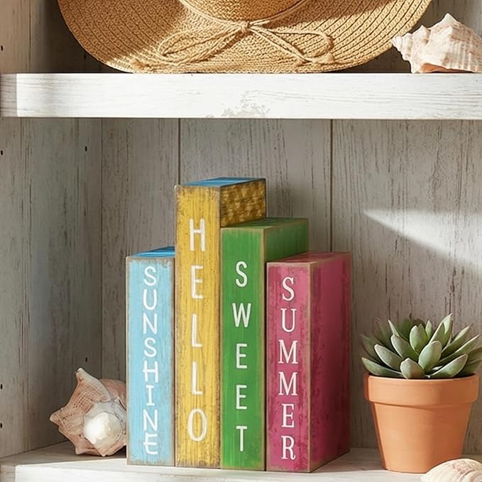 Lineshading 4 Pcs Summer Table Decoration Wooden Book Hawaii Beach Decoration Blue Yellow and Red Summer Tiered Tray Decor Wood Book Sign Farmhouse for Hawaii Party Home Shelf Coffee Table
