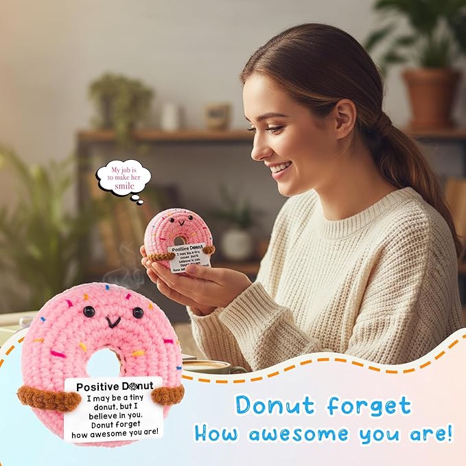 Funny Positive Crochet Donut,Emotional Support Donuts Themed Gift,cute Stuffed Animals Plush,Birthday Gifts for Women,friends(Pink Donut)