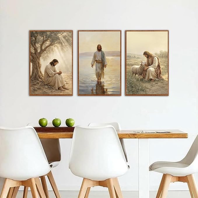 KAlRNE Vintage Christian Framed Canvas Wall Art Set of 3(16”X24”),Jesus Bible Story Wall Decor,Spiritual Religious God Painting,Neutral Inspirational Beige Art Prints For Living Room Bedroom Church