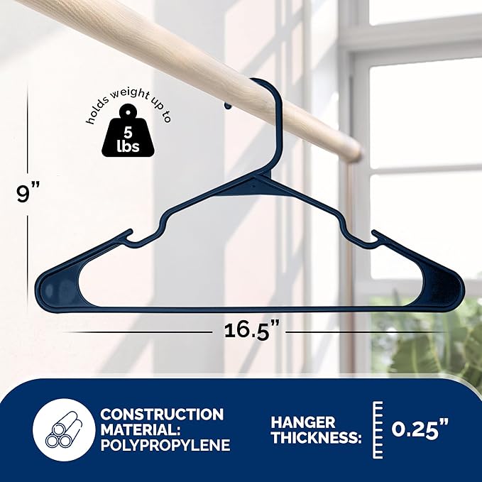 Plastic Hangers 50 Pack - Space Saving Clothes Hangers, Made in USA, Durable & Strong Plastic Shirt & Coat Hanger with Notches & Shoulder Grooves, Non-Slip Hangers | Blue Sapphire