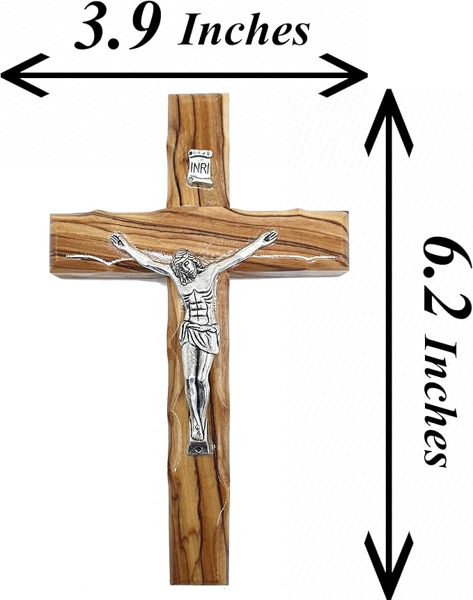 Zuluf 6.3" Olive Wood Catholic Cross with Silver Plated Crucifix Christian Gift from Holy Land Bethlehem CRS065