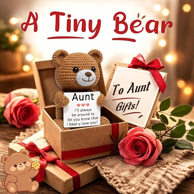 WELLBANEE Cute Aunt Gift from Niece Nephew, Handmade Crochet Bear, Best Appreciation Gifts, Funny Birthday for Auntie, Sentimental Appreciation Gift for the Best Aunt Ever, Shelf Décor Bear
