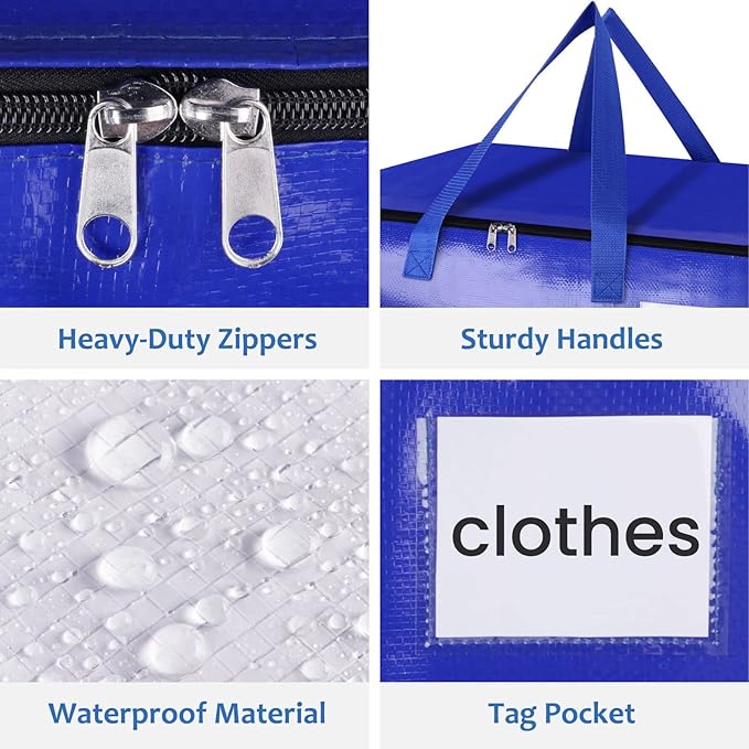Moving Bags, Storage Bags with Sturdy Handles and Heavy Duty Zippers, Storage Totes for Space Saving, Moving & Storage, Collapsible Moving Supplies(125L, 4-Pack, Blue)