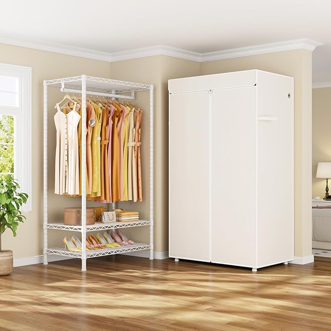 H5C Clothes Rack with Cover, Portable Closet for Hanging Clothes, Covered Clothing Racks Heavy Duty, Freestanding Garment Racks with Shelves Max Load 360LBS White Closet Rack with White Cover