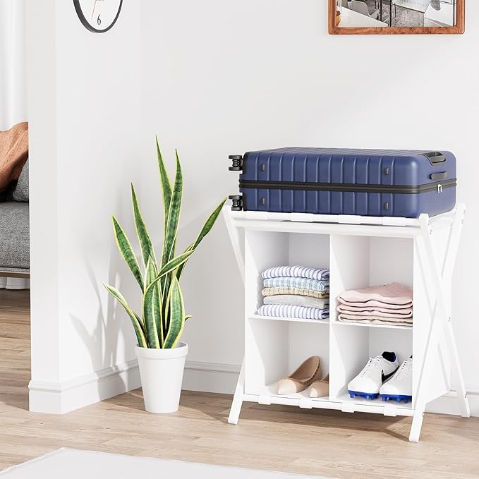 aboxoo 2 Pack Luggage Rack with storage, Guest Room Folding Suitcase Stands, Holds up to 120 lb, Space Saving Suitcase Holders for guest room, Bedroom Hotel, White