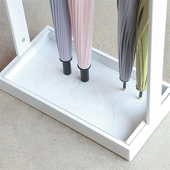 Metal Commercial Umbrella Stand Umbrella Holder, Corridor Entrance Umbrella Drain Rack for Storing 16 Umbrellas, with Mobile Drip Tray and 4 Hooks (Color : White)