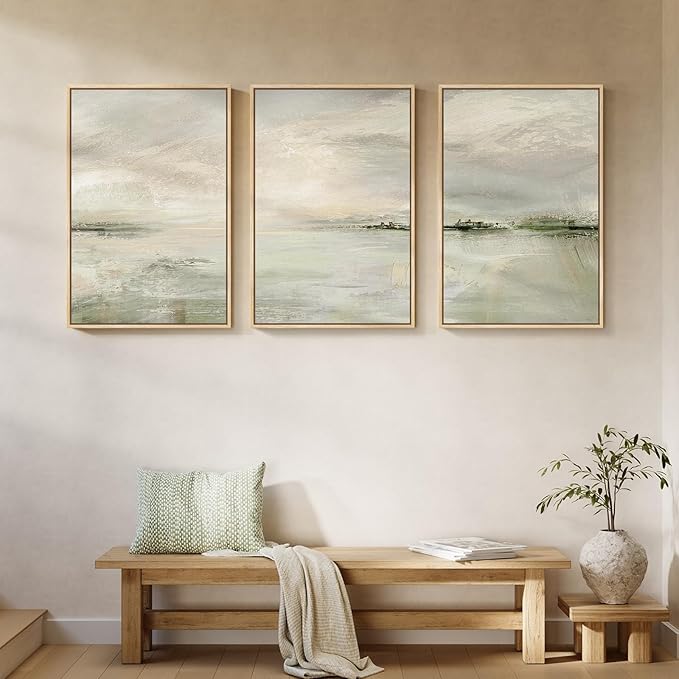 Large Framed Sage Green Abstract Landscape Wall Art, 3 Piece Modern Canvas Prints Paintings Artwork for Walls, Minimalist Nature Pictures for Living Room Dining Room Hallway Wall Decor, 20x30 In