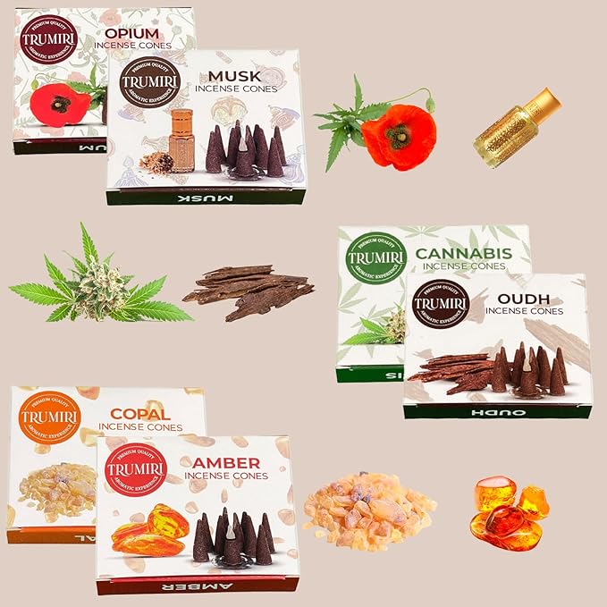 TRUMIRI Exotic Incense Cones - Variety Pack - Total 60 Cone Incense (6 Scents x 10 Conos) - Copal, Oud, Musk, Amber - Cone Incense Scents - Insense Cones - Incent Cone