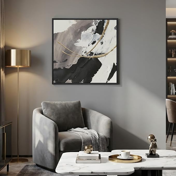 Framed Modern Black and White Abstract Wall Art, Square Contemporary Canvas Prints Artwork for Walls, Minimalist Gold Line Pictures for Bedroom Dining Room Lounge Living Room Office Wall Decor 24x24 In