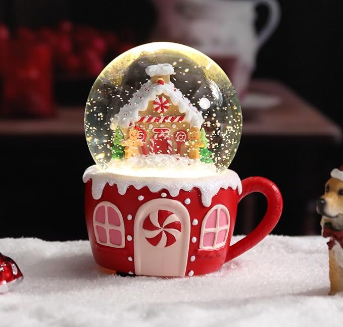 Christmas Snow Globe Musical Gingerbread Men House Christmas Tree Water Snow Globes with 7 Colors Light Change Music Box Home Christmas Decor for Kids