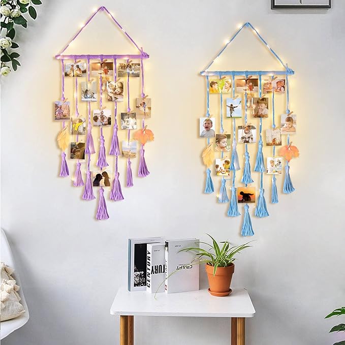 Homecor Hanging Photo Display Wall Decor, Blue Macrame Hanging Boho Room Bedroom Decor, Picture Frame Collage with Light & 30 Clips, Christmas Teenage Teen Girl Gifts Ages 10 11 12 13 14 Years Old
