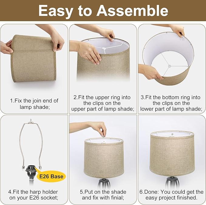 Drum Lampshades Set of 2, Fabric Lampshades for Table Lamps Floor Lamps, Medium Lampshades 11.6" Top x 12.6" Bottom x 9.8" High, Easy Assembly Shades Replacement, Natural Linen Hand Crafted (Spider)