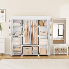 VTRIN Portable Closet Wardrobe for Hanging Clothes 57.3 Inch Large Capacity Clothes Rack with Cover, 10 Storage Organizer Shelves, 1 Hanging Rods and 6 Pockets, Free Standing Closet, White