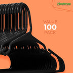 NEATERIZE Clothes Hangers Plastic 100 Pack for Adults - Plastic Hangers, The Perfect Coat Hanger and Space Saving Clothes Hangers for Closet - Black Hangers
