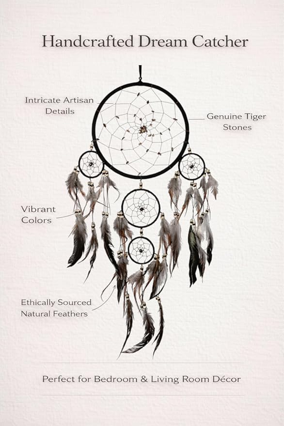 OMA Black Dream Catcher Wall Hanging with Tiger Eye Stones and Feathers, Black Suede Traditional Dream Catcher Boho Home Decor Bedroom Decoration Gift Large Size - 28" Long x 9" Diameter