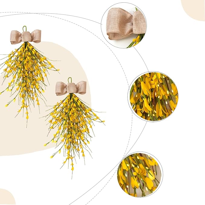 Forsythia Spring Teardrop Swag, 2Pcs Artificial Spring Summer Floral Hanging Swags with Bow for Door Wall Mantel Window Wedding Home Decor (Yellow)