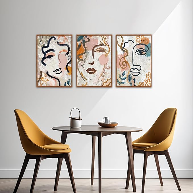 KAlRNE Abstract Human Face Wall Art Set of 3(16”X24”),Boho Line Wall Decor,Modern Matisse Framed Canvas Paintings,Colorful Floral Graffiti Art Prints For Living Room Bedroom Office Decoration