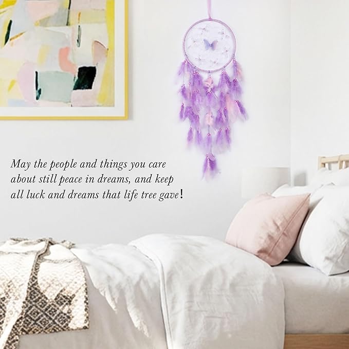 Pretty Jolly Dreamy Girls Butterfly Dream Catcher Wall Decor Fairy Purple Feather Baby Dreamcatcher Handmade Home Décor Wall Hanging for Nursery Bedroom Girls Birthday Gift