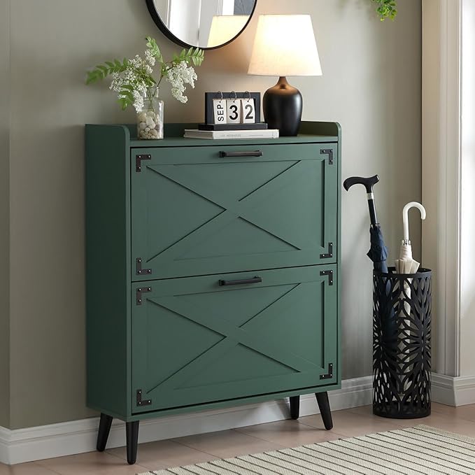 Shoe Storage Cabinet,Farmhouse Shoe Organizer with 2 Flip Drawers & Barn Door Design,Freestanding Hidden Slim Narrow Shoe Rack Cabinet for Entryway,Foyer,Hallway,Green