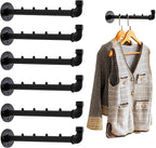 Industrial Wall Pipe Clothes Bar - Heavy Duty Metal Coat Hanger with Hook, Wall-Mounted Garment Holder Racks,Wall Clothing Racks/Hanging Rail, 6Pcs