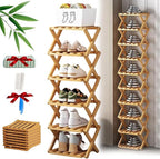 The 9-Tier No-Assembly Bamboo Rack, Foldable Stackable 9 Tier Bamboo Shoe Rack Vertical Storage Sturdy & Stable, Tall Narrow Space-Saving Expandable Shoe Rack for Entryway Closet Dorm (Nature,6 Tiers)