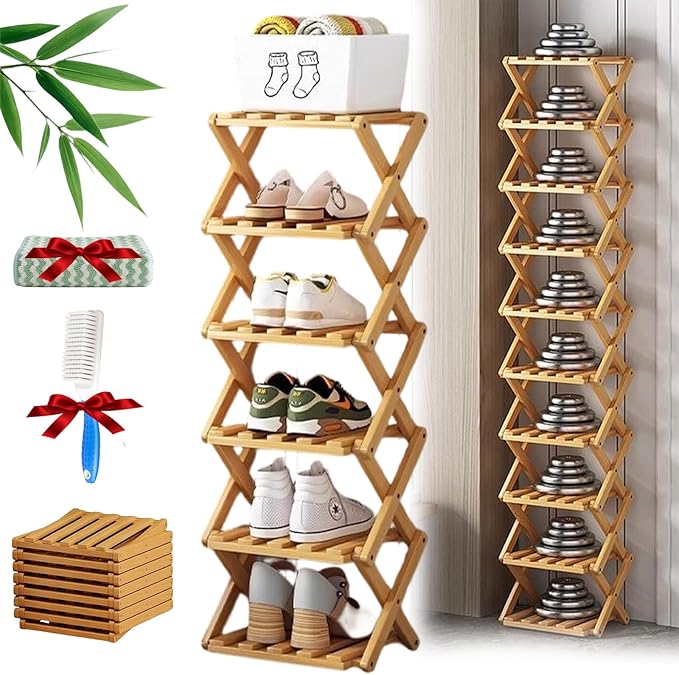 The 9-Tier No-Assembly Bamboo Rack, Foldable Stackable 9 Tier Bamboo Shoe Rack Vertical Storage Sturdy & Stable, Tall Narrow Space-Saving Expandable Shoe Rack for Entryway Closet Dorm (Nature,6 Tiers)