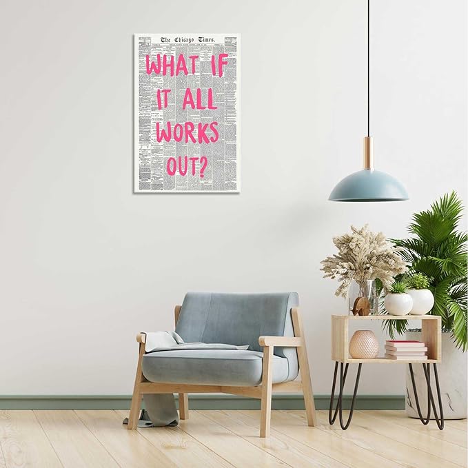 Drimiler What If It All Works Out Poster Retro Newspaper Pink Font Canvas Wall Art Positive Affirming Quote Minimalist Prints Painting For Home Bedroom Dorm Wall Decor 12x18in Wframed