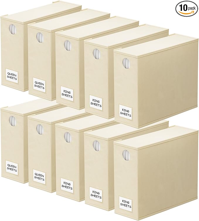 SpaceAid 10 Pack Bed Sheet Organizers and Storage, Foldable Sheet Organizer for Linen Closet, Sheets Set Folder Keeper with Window XL (Queen & King Size) Organizing Bedding Container, Beige