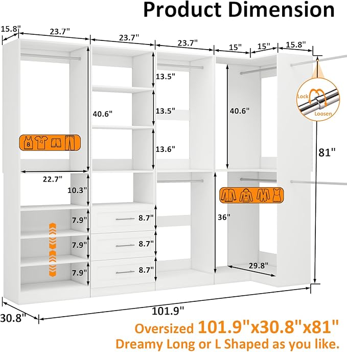 Closet Organizer System of 4 Sets with 3 Drawers, 9 Hanging Rods & 8 Shelves, 157" Walk in Closet System, Corner Closet Organizer, Modular Standalone Closet, White