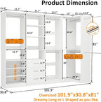 Closet Organizer System of 4 Sets with 3 Drawers, 9 Hanging Rods & 8 Shelves, 157" Walk in Closet System, Corner Closet Organizer, Modular Standalone Closet, White