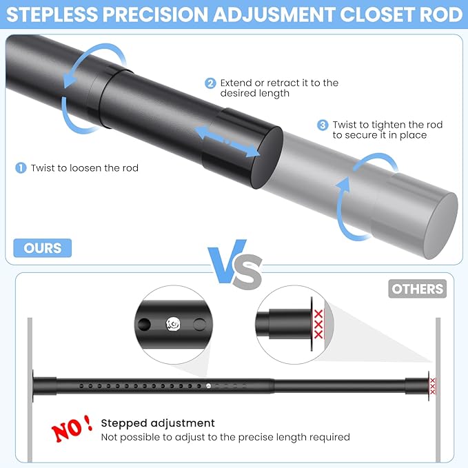 Closet Rods for Hanging Clothes, 17 to 28 Inch Stepless Adjustable Closet Rod, 1.3 Inch Diameter Metal Heavy Duty Closet Hanging Rod for Closet Wardrobes Laundry RV, Black