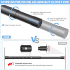 Closet Rods for Hanging Clothes, 17 to 28 Inch Stepless Adjustable Closet Rod, 1.3 Inch Diameter Metal Heavy Duty Closet Hanging Rod for Closet Wardrobes Laundry RV, Black