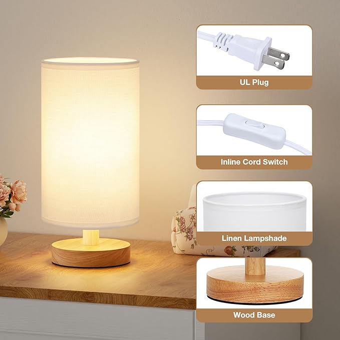 Fenmzee Small Table Lamp for Bedroom - Inline Control, Bedside Lamp with 3000K A15 LED Blub, Easy Assembly (White Shade - Wood Base, 9" Inline Control)