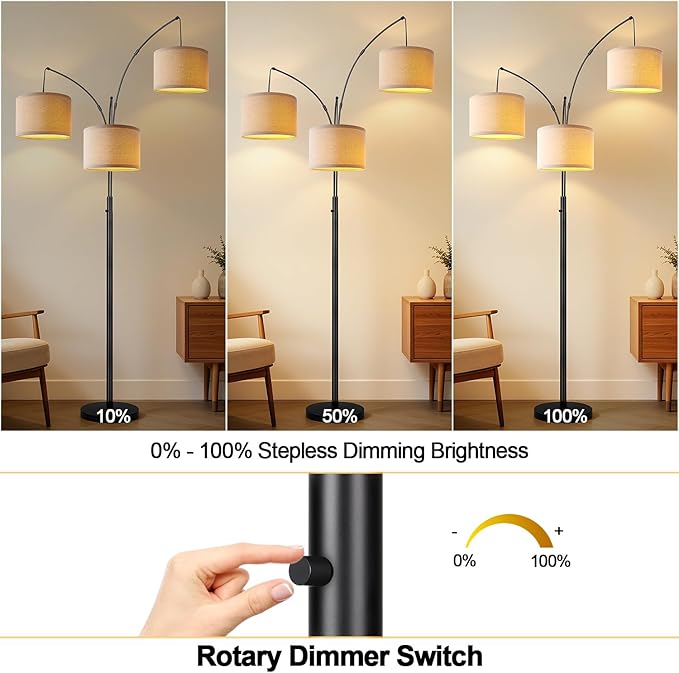 Dimmable 3 Lights Floor Lamp - 3000LM Super Bright Arc Floor Lamps for Living Room, Modern Tall Standing Lamp With Beige Shades, Mid Century Tree Floor Lamp for Bedroom Office, 3 LED Bulbs Included