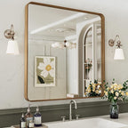 LOAAO 36X36 Inch Bathroom Mirror with Wood Grain Colored Metal Frame, Rounded Rectangle Metal Framed Bathroom Mirror, Anti-Rust, Hangs Horizontally or Vertically, Tempered Glass