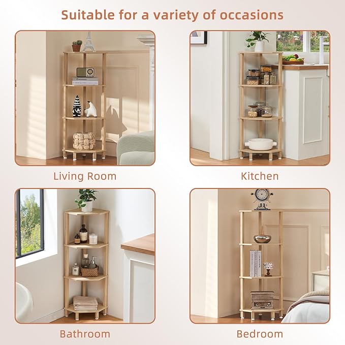 YUFAM 4-Tier Corner Shelf with Sturdy 5-Leg Base, Wooden Corner Bookshelf for Small Spaces, Corner Standing Shelf for Living Room, Bedroom, Bathroom, Natural