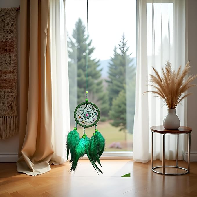 Green Small Dream Catcher with Feathers Wall Hanging Ornament Indian Style Decoration Wind Chimes for Car Home Wall Decor
