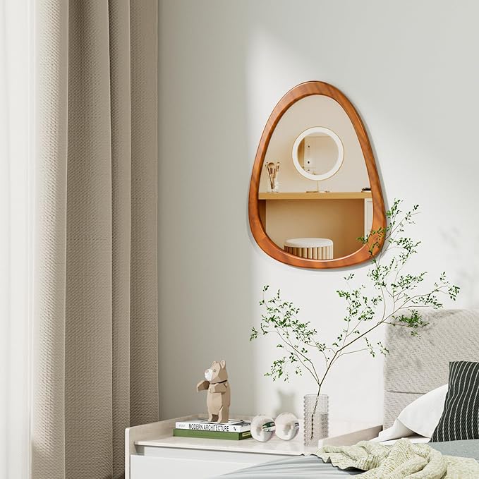 22" x 17" Irregular Wall Mirror, Wood Frame Asymmetrical Decorative Wooden Mirror for Living Room Bedroom Entryway Bathroom Hallway Home Decor Walnut Brown