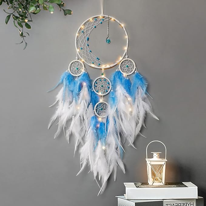KHOYIME LED Light Up Dream Catcher Half Circle Moon Decor with Lights Handmade Feather Dreamcatchers for Bedroom Bohemian Home Decor Wedding Ornament Craft Gift for Girls Boys (Blue)