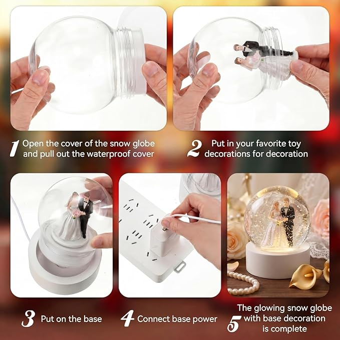 Irenare 12 Pcs 3.9 Inch DIY Snow Globe Kit, 6 Make Your Own Snow Globe Craft 6 LED Light Wood Base Clear Plastic Dome for Wedding Engagement Bridal Shower Decor Anniversary Wife Gift