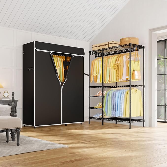 F2C Clothes Rack with Cover, Clothing Racks for Hanging Clothes, Heavy Duty Garment Rack with Shelves and Hanger Rods, Black Closet with Black Cover, 47.2" W x 16.5" D x 78.3" H, Load 630lbs