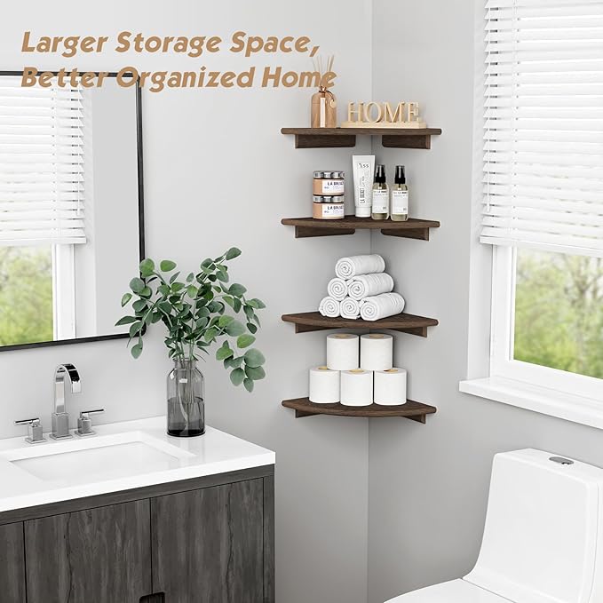 Forbena Large Corner Floating Shelves for Wall Set of 4, 12 Inch Deep Wall Mounted Corner Shelves for Bedroom, Livining Room, Farmhouse Hanging Bookshelf Bookshelves (Rustic Brown)