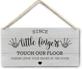 Wall Pediments Shoes Off Sign,Shoes Off Sign for Front Door,Since Little Fingers Touch Our Floor Door Sign,Shoes Off Hanging Welcome Sign for Front Door,12x6 Inches，Wood Grain-7