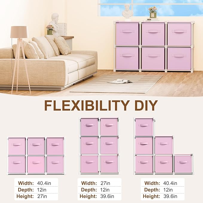 6 Cube Storage Organizer with Shelf Back to School Boxes 11 Inch Toy Storage Bins Closet Organizers Drawers Fabric Dresser for Playroom Books Bedroom Dorm Kitchen (Macaroon Pink)