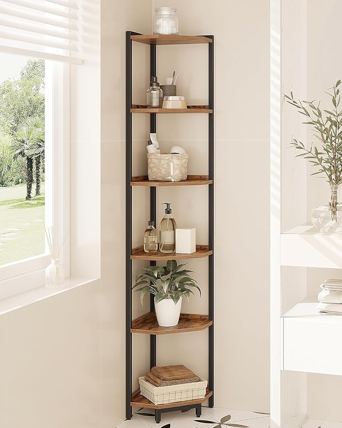 Hzuaneri Corner Shelf Stand, Corner Bookshelf, Storage Standing Shelf Unit with Metal Frame, Plant Stand, Bookcase for Living Room, Home Office, Bedroom, 6-Tier Rustic Brown CS06001B