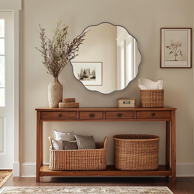 ANDY STAR Chrome Round Wall Mirror 30 inch, Polished Metal Frame Circle Bathroom Mirror in SUS304 Stainless Steel Frame, with Unique Modern Circular Wavy Design